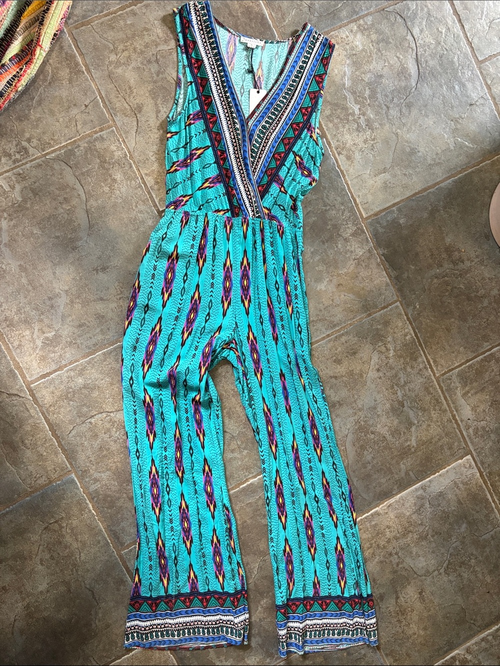 Love Riche Turquoise Printed V‑Neck Jumpsuit